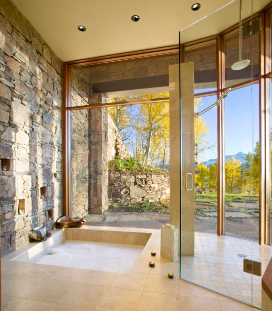 Floor walk in tub and wall stone