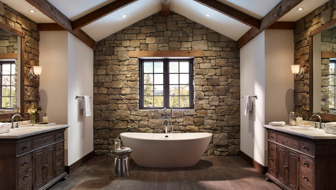 Large bathroom with wall stone